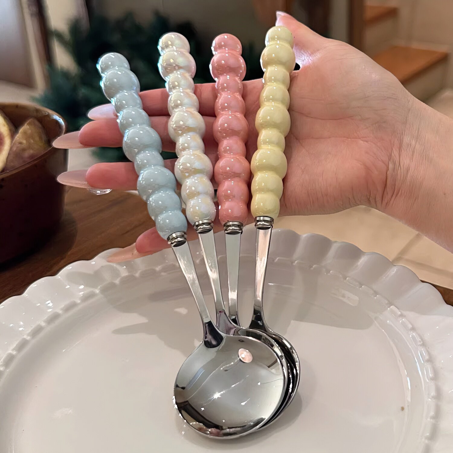 【全新-自留款】珍珠304不锈钢勺子仿陶瓷柄少女心吃饭汤勺小圆勺,餐饮具,西餐勺,淘宝优惠券,粉丝福利购,淘宝优惠卷