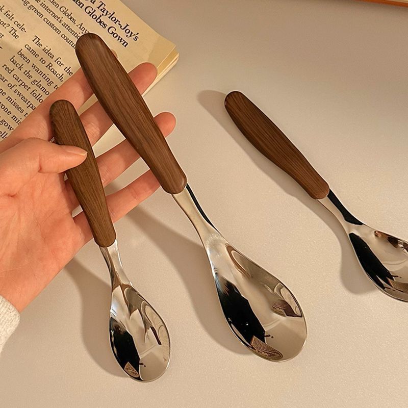 ins复古餐具勺子家用仿木纹手柄宝宝辅食勺不锈钢西餐勺甜品勺