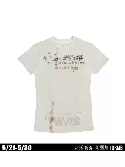Night Lab (Nl) Distorted Star White Ink Print American Style Regular Shoulder Apricot Short Sleeve