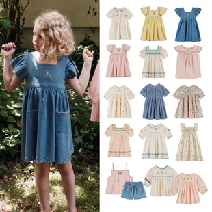 26EM春夏女童复古田园风连衣裙碎花短袖衬衫裙刺绣花朵飞袖牛仔裙