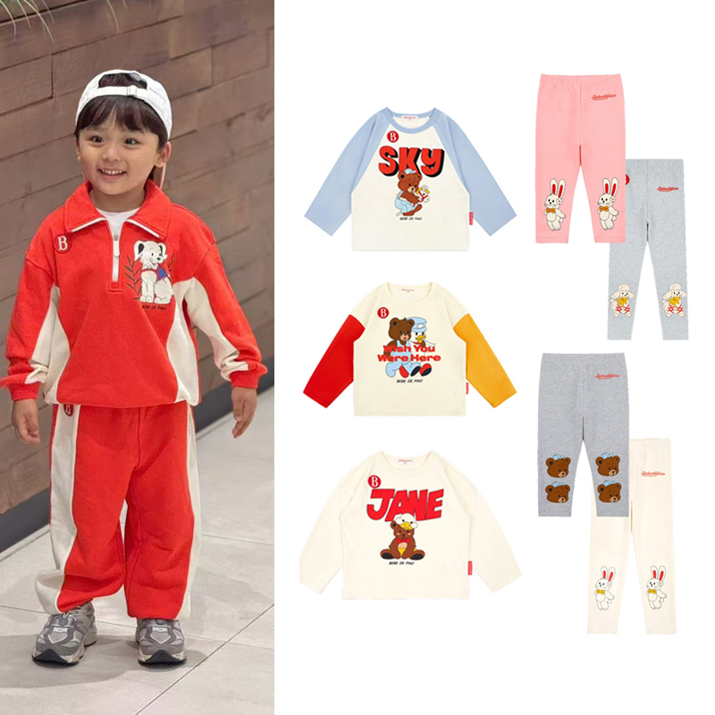 现货 儿童短袖T恤衫韩国BE童装可爱小熊印花插肩袖上衣休闲打底裤