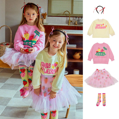 现货女童粉色加绒卫衣秋冬韩国BE童装草莓网纱半裙女宝灯芯绒上衣