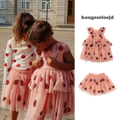 现货女童时尚网纱粉色连衣裙新款KS同款甲壳虫亮片飞袖裙女宝半裙