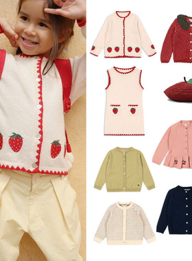 2026春季款KS系列女童毛衣花边领针织开衫可爱草莓刺绣儿童连衣裙