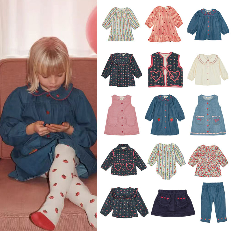 女童牛仔背心裙2025FL秋冬草莓印花棉服马甲女宝宝可爱碎花连衣裙