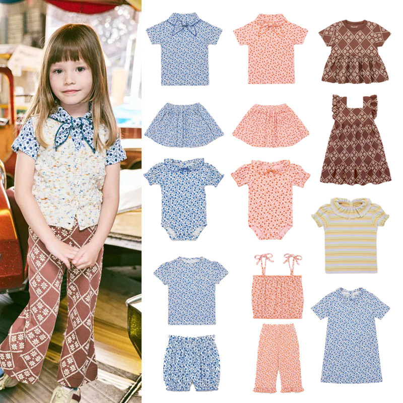 26MP春夏新款女童蓝色碎花蝴蝶结短袖T恤花朵格纹连衣裙吊带套装