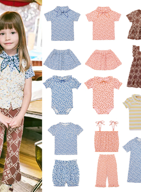 26MP春夏新款女童蓝色碎花蝴蝶结短袖T恤花朵格纹连衣裙吊带套装
