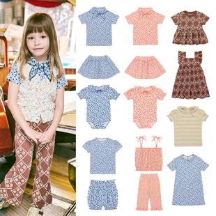 26MP春夏新款女童蓝色碎花蝴蝶结短袖T恤花朵格纹连衣裙吊带套装