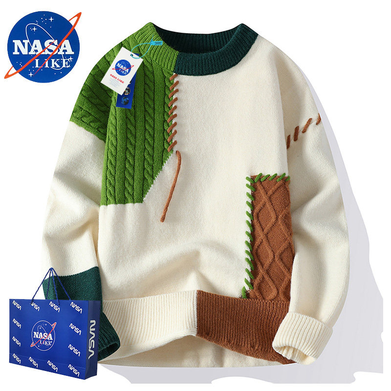 thumbnail for NASA official website co-branded color-block trendy brand discount subsidies for autumn and winter warm knitwear for couples, versatile trendy style