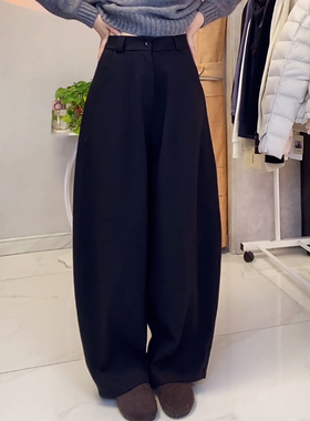 Ader黑色毛呢阔腿弯刀裤女2025冬季新款时尚慵懒风加厚保暖休闲裤