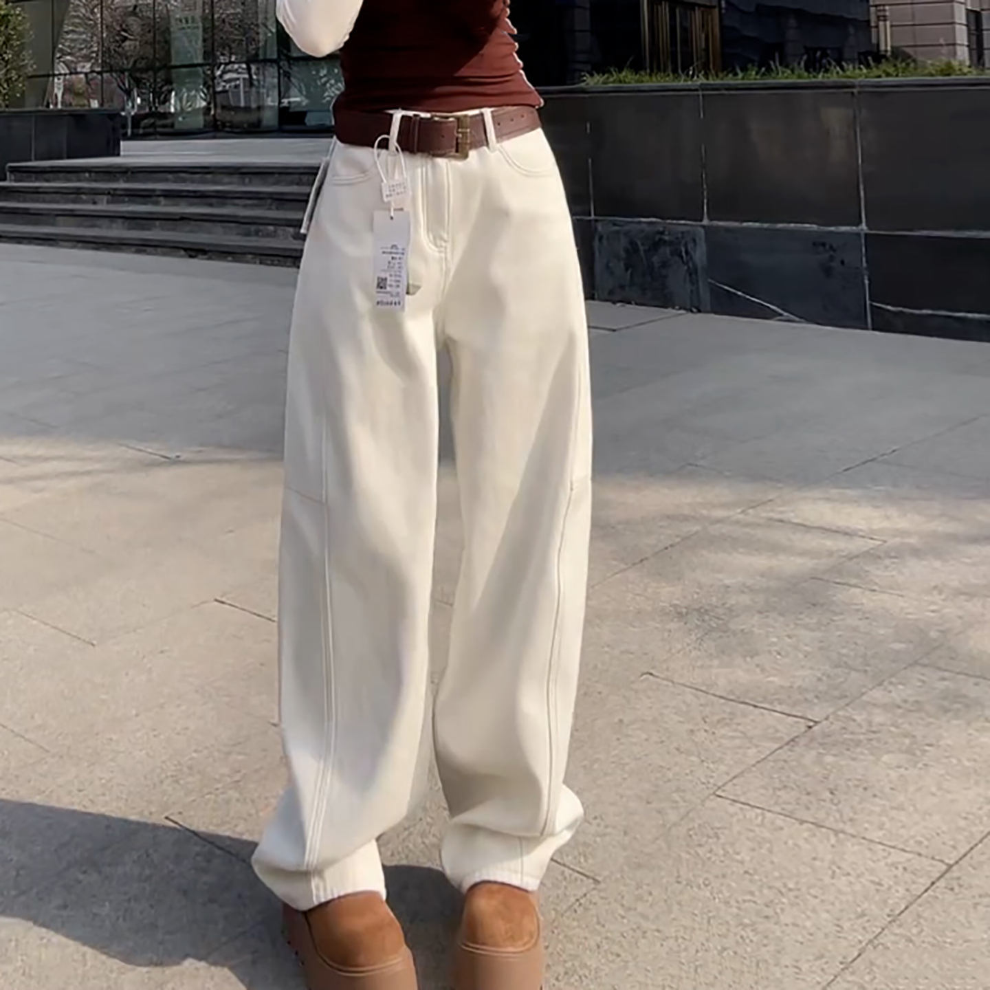 加绒保暖简约阔腿休闲牛仔弯刀裤