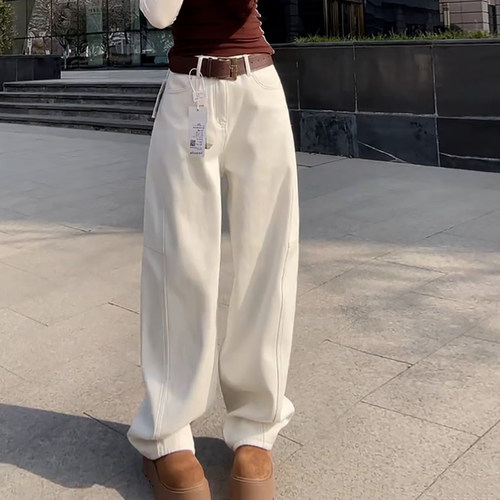 加绒保暖简约阔腿休闲牛仔弯刀裤