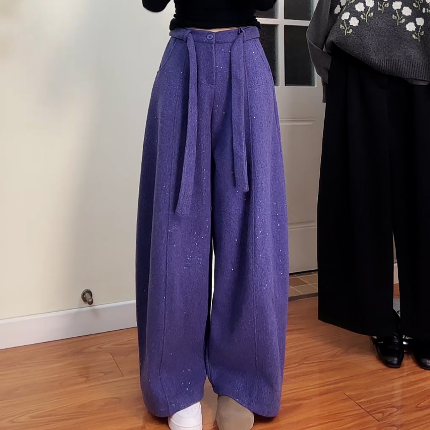 Ader毛呢亮闪闪阔腿弯刀裤2026春季新款慵懒风高腰垂感休闲气球裤,女装/女士精品,大码裤装,淘宝优惠券,粉丝福利购,淘宝优惠卷