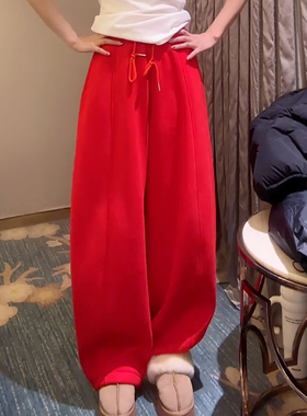 Ader红色运动休闲弯刀卫裤女2025冬季新款加绒加厚可束脚休闲裤潮
