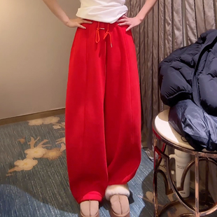 加绒加厚可束脚休闲裤 新款 潮 女2025冬季 Ader红色运动休闲弯刀卫裤