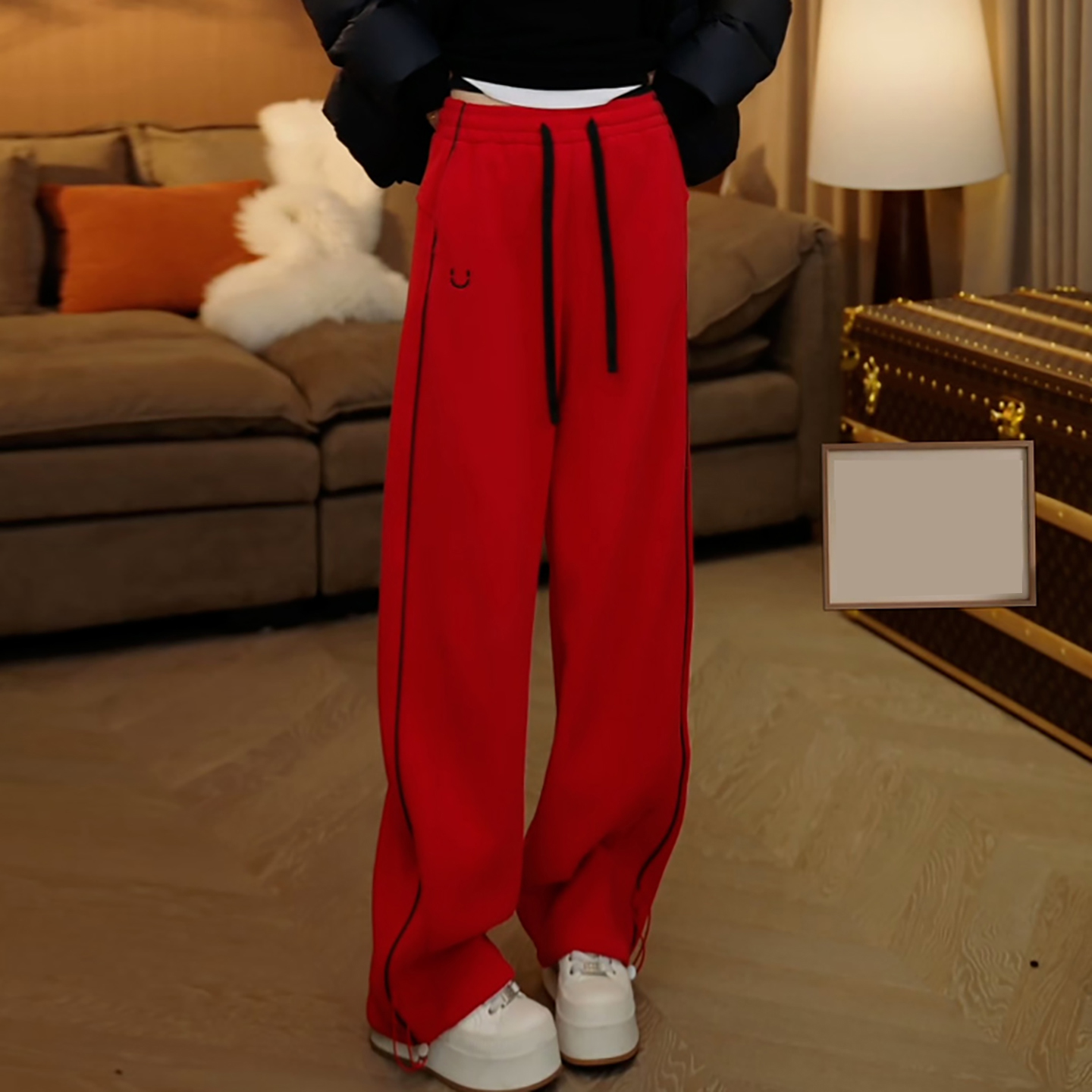 加绒加厚保暖红色运动休闲卫裤