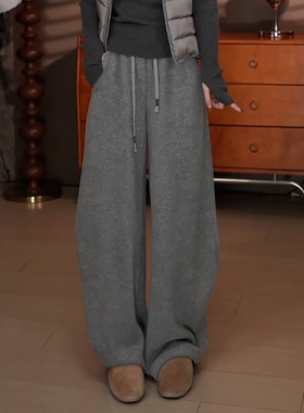 Ader灰色混纺绵羊毛加绒卫裤2025冬季新款宽松阔腿百搭垂感休闲裤