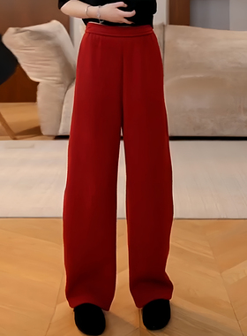 Ader红色松紧腰休闲卫裤女2026春季新款纯色简约宽松垂感直筒长裤