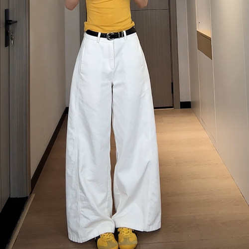 时尚流行白色阔腿弯刀牛仔休闲裤