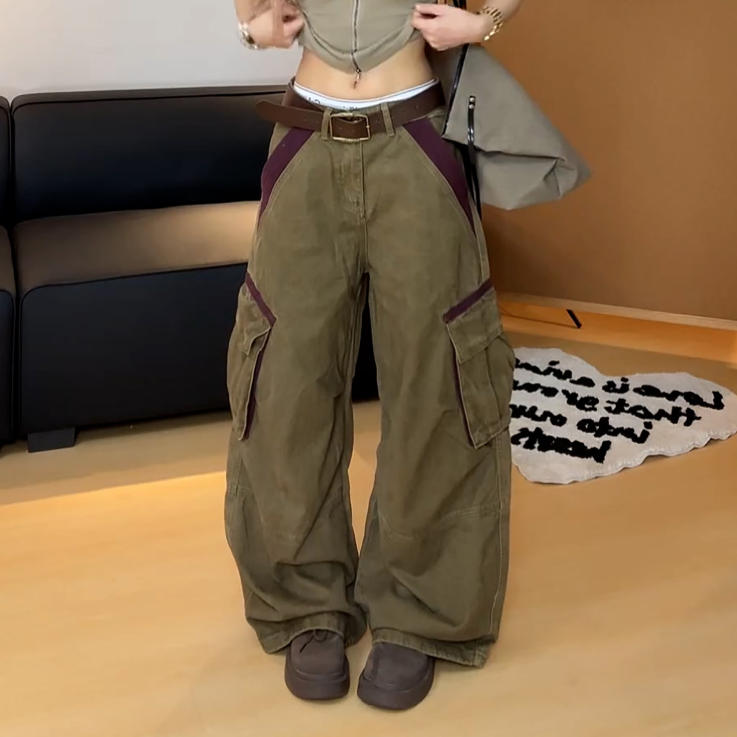Ader时髦撞色小众工装阔腿裤女2026秋季新款美式复古风高腰拖地裤