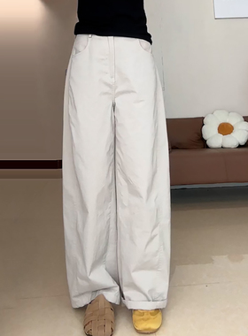 Ader浅灰色休闲裤女2026春季新款时尚百搭高腰显瘦阔腿遮胯弯刀裤