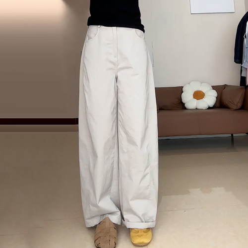 时尚百搭浅灰色弯刀阔腿休闲裤女