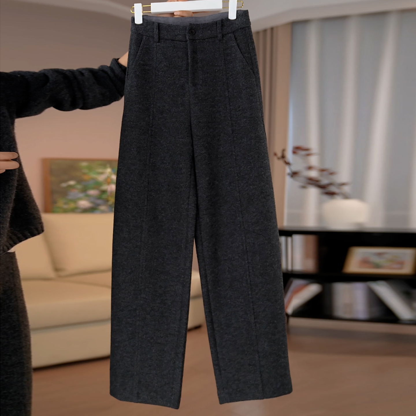 黑灰色加厚绵羊毛窄版直筒休闲裤