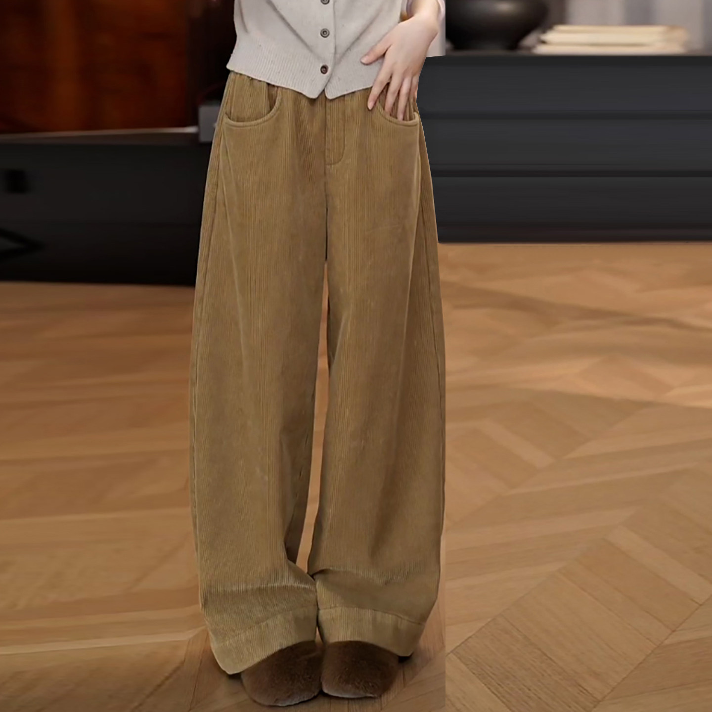 Ader加绒加厚灯芯绒休闲裤女2025冬季新款松紧腰宽松阔腿弯刀裤潮,女装/女士精品,大码裤装,淘宝优惠券,粉丝福利购,淘宝优惠卷