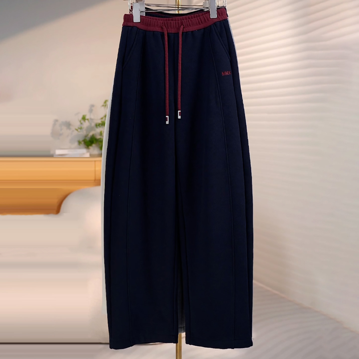 藏青色拼接腰头抽绳香蕉休闲卫裤