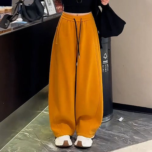 潮流百搭运动风高腰弯刀阔腿卫裤