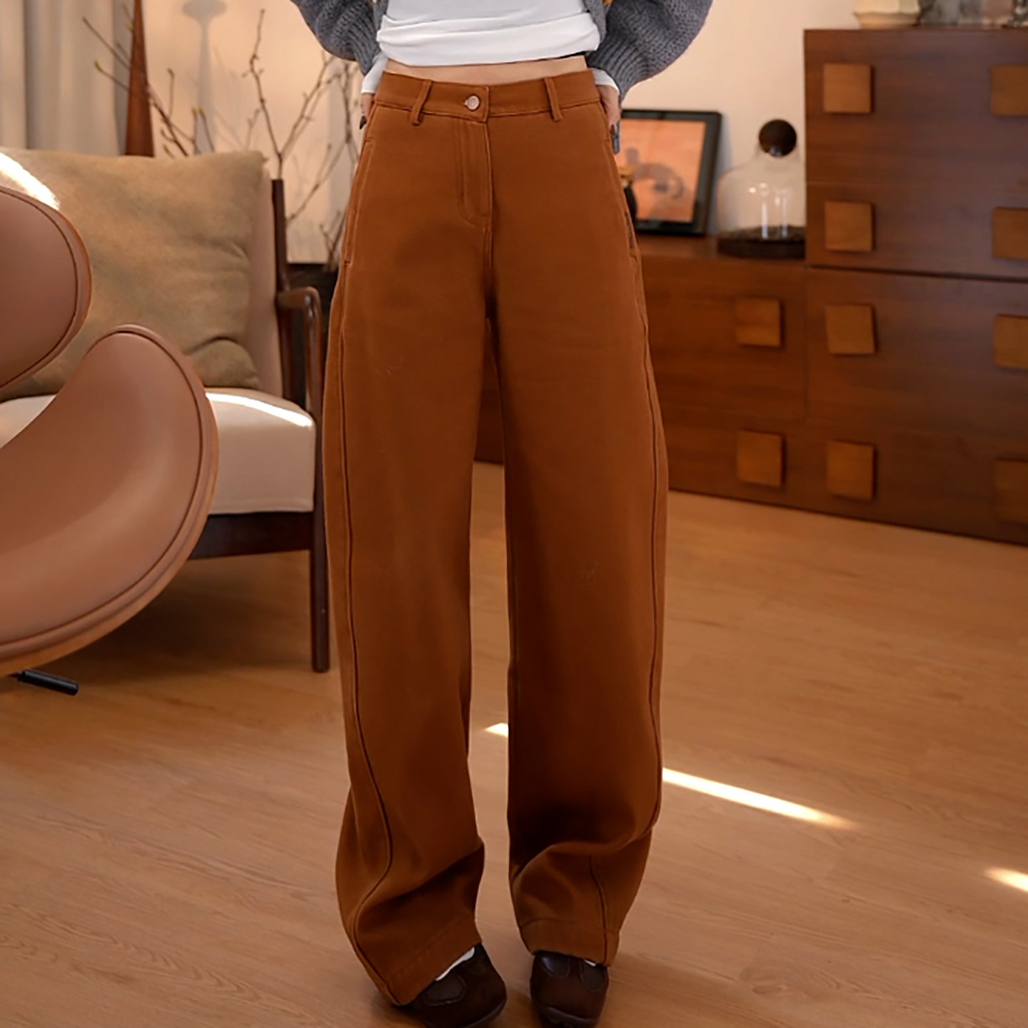 百搭遮胯显瘦宽松加绒牛仔休闲裤