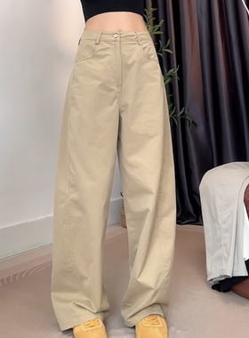 Ader卡其色高腰窄版弯刀休闲裤女2026春季新款时尚百搭显瘦休闲裤