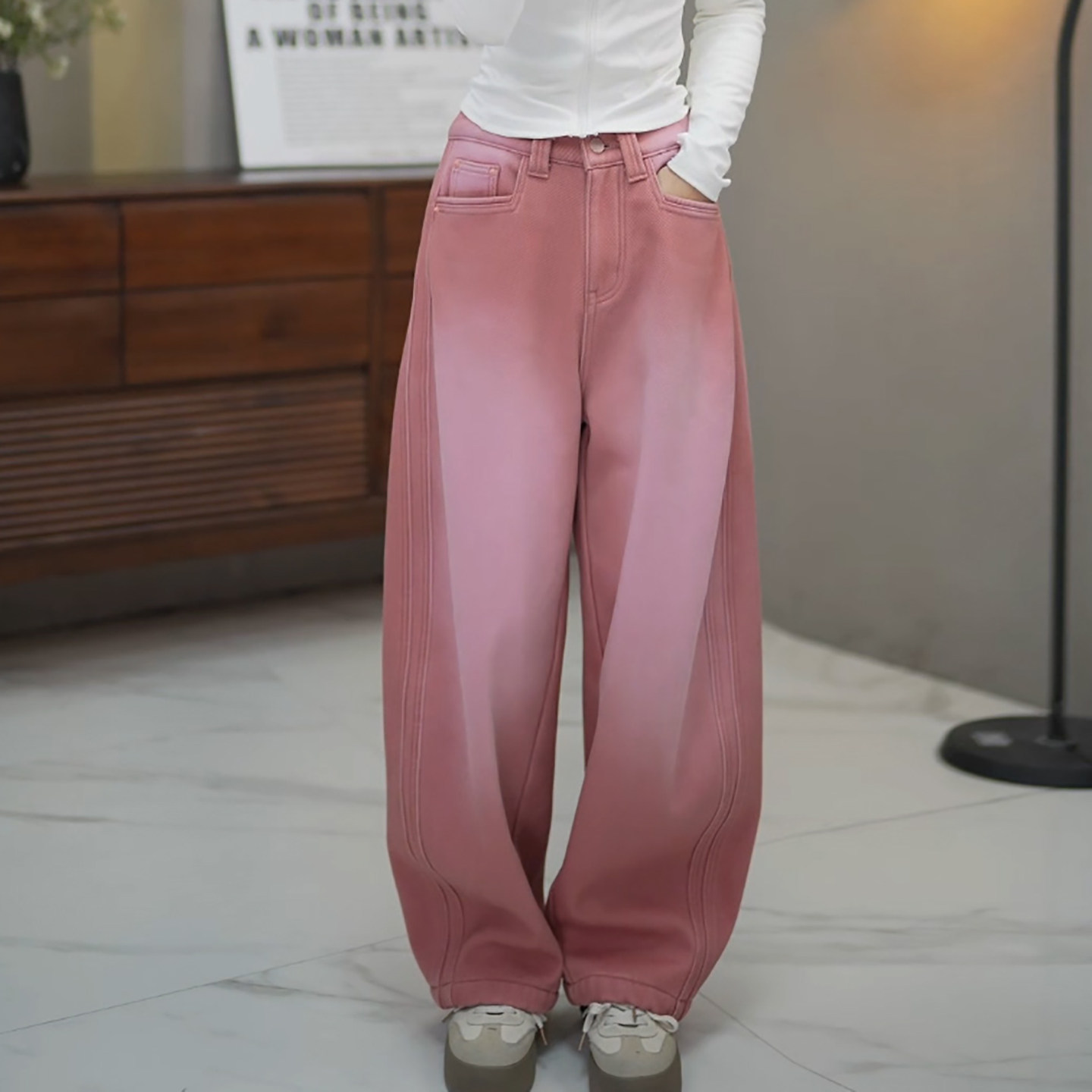 Ader加绒牛仔裤女2025冬季新款高腰宽松阔腿减龄渐变粉休闲弯刀裤,女装/女士精品,大码裤装,淘宝优惠券,粉丝福利购,淘宝优惠卷