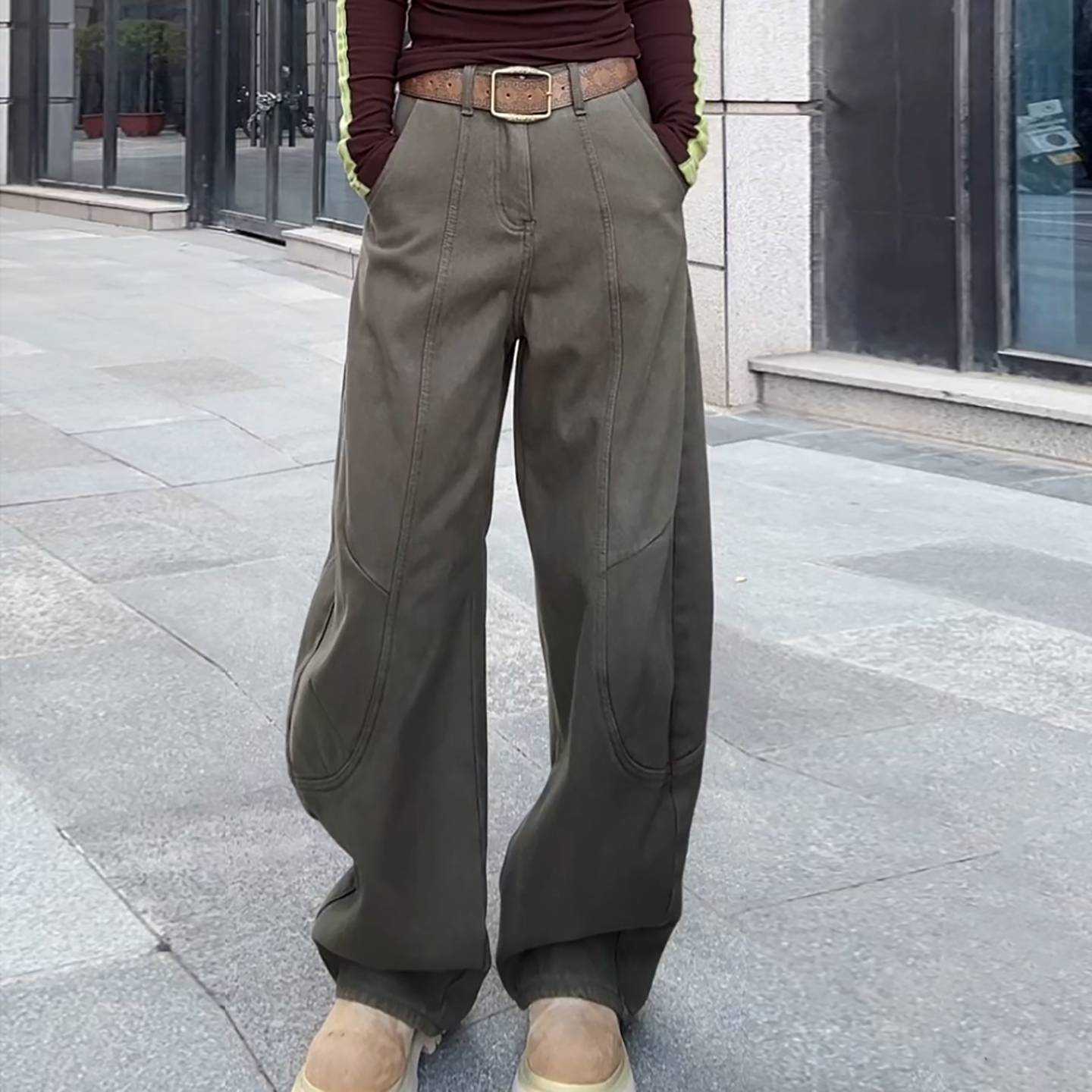 美式复古阔腿加绒显瘦弯刀牛仔裤