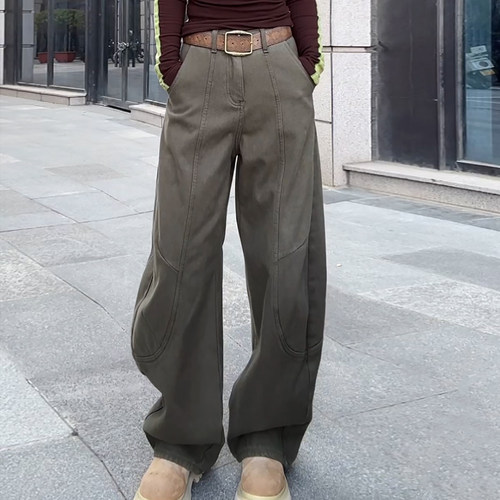 美式复古阔腿加绒显瘦弯刀牛仔裤