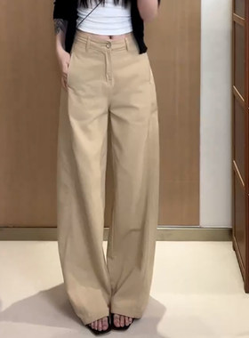 卡其色窄版直筒牛仔阔腿休闲裤女
