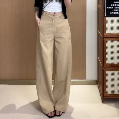 卡其色窄版直筒牛仔阔腿休闲裤女
