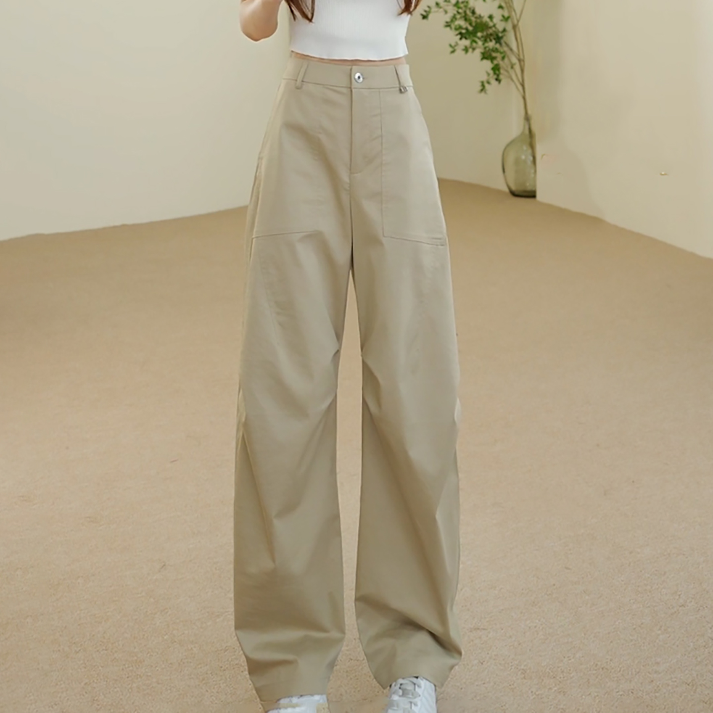 时尚百搭卡其色伞兵工装休闲裤女