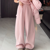 Ader粉色加绒加厚运动阔腿卫裤 高腰宽松减龄休闲裤 女2025冬季 新款