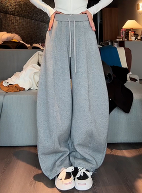 Ader浅灰色松紧腰抽绳运动休闲卫裤女2026春季新款百搭显瘦弯刀裤