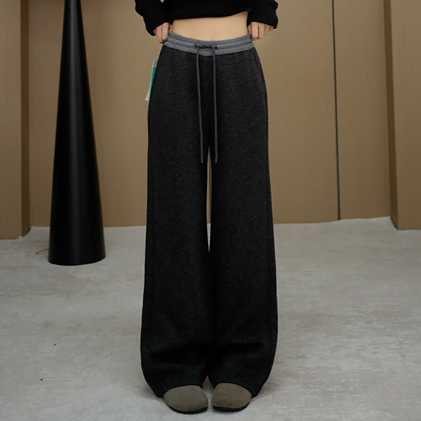 Ader灰色松紧腰抽绳拼接羊毛裤女2025冬季新款阔腿百搭显瘦休闲裤,女装/女士精品,大码裤装,淘宝优惠券,粉丝福利购,淘宝优惠卷