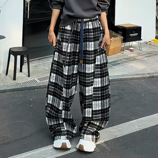 Ader经典黑白格纹休闲裤女2026秋冬新款个性百搭高腰抽绳阔腿卫裤