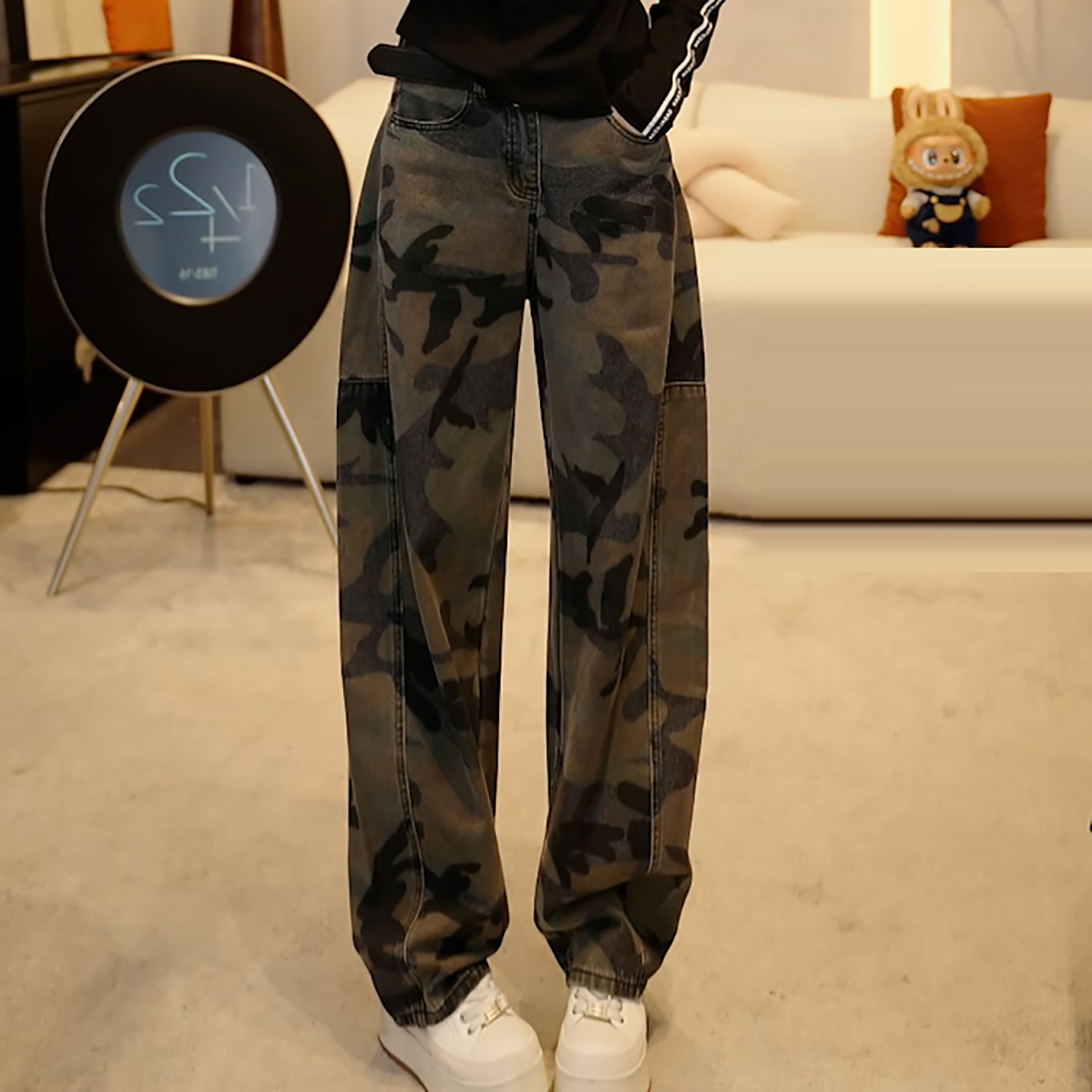 美式潮流复古迷彩牛仔阔腿弯刀裤