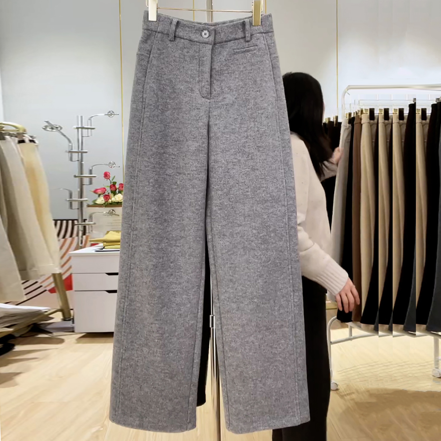 加厚毛呢窄版简约舒适阔腿直筒裤