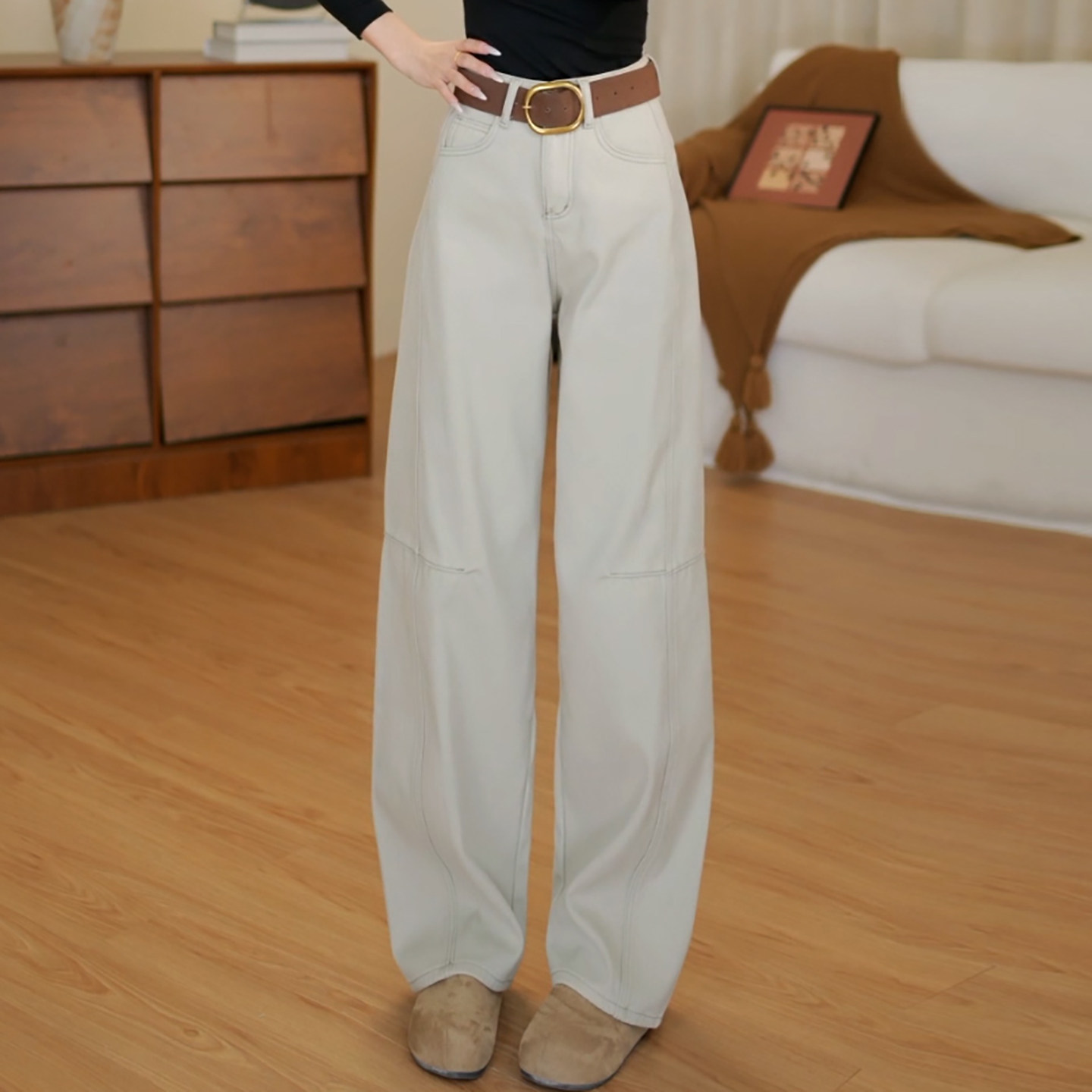 高腰阔腿百搭显瘦加绒牛仔弯刀裤