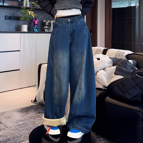 时尚百搭复古水洗加绒牛仔弯刀裤