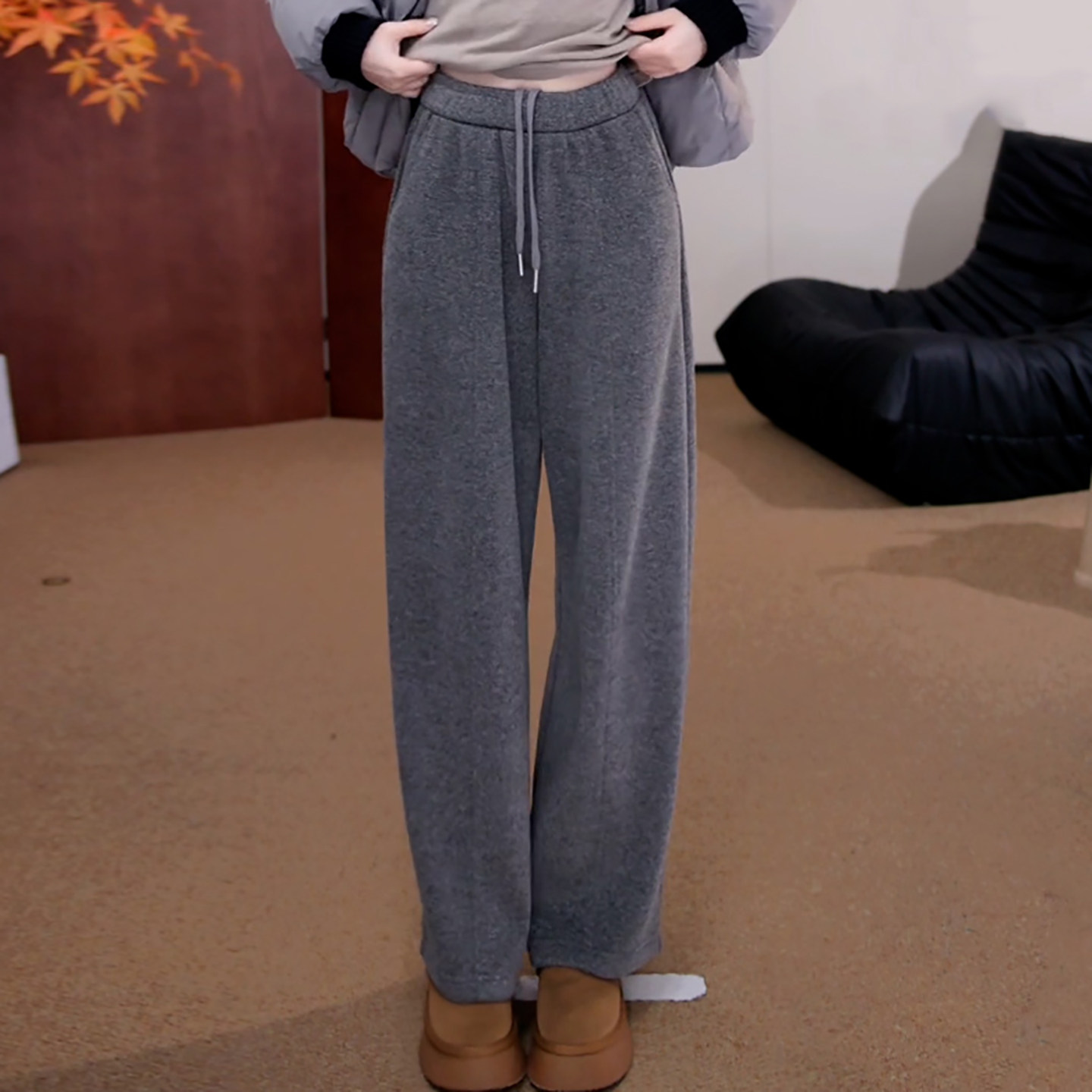 Ader慵懒风加绒加厚休闲裤女2025冬季新款百搭显瘦阔腿垂感弯刀裤,女装/女士精品,大码裤装,淘宝优惠券,粉丝福利购,淘宝优惠卷