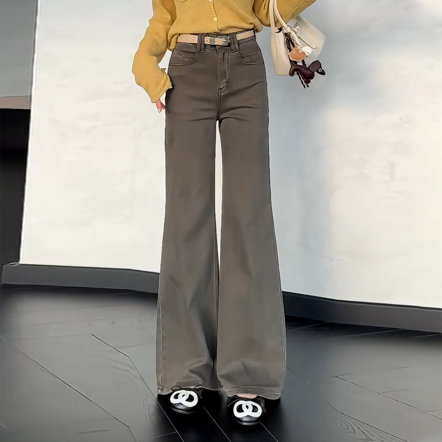 Ader简约百搭微喇阔腿裤女2026秋季新款修身显瘦高腰直筒休闲裤子