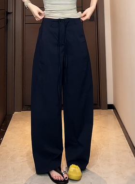 Ader深蓝色休闲裤女2025夏季新款时尚百搭宽松遮胯显瘦弯刀工装裤
