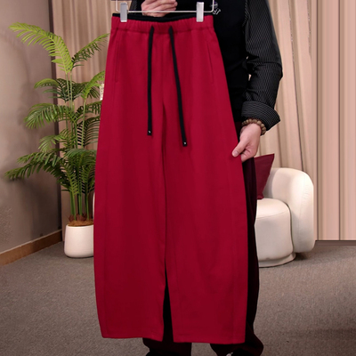 红色松紧腰抽绳宽松阔腿弯刀裤女
